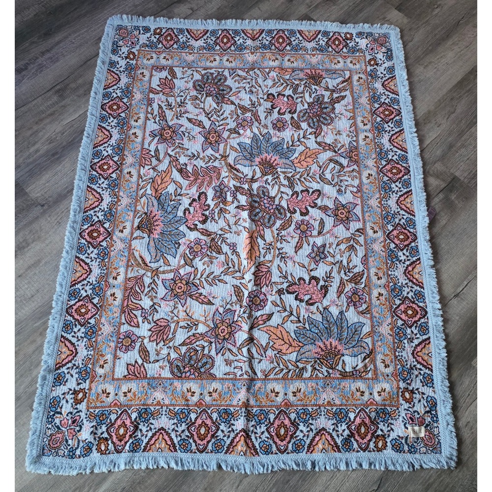 Isla Woven Tapestry Throw Blanket Floral Blue Peach Fringed Reversible Boho